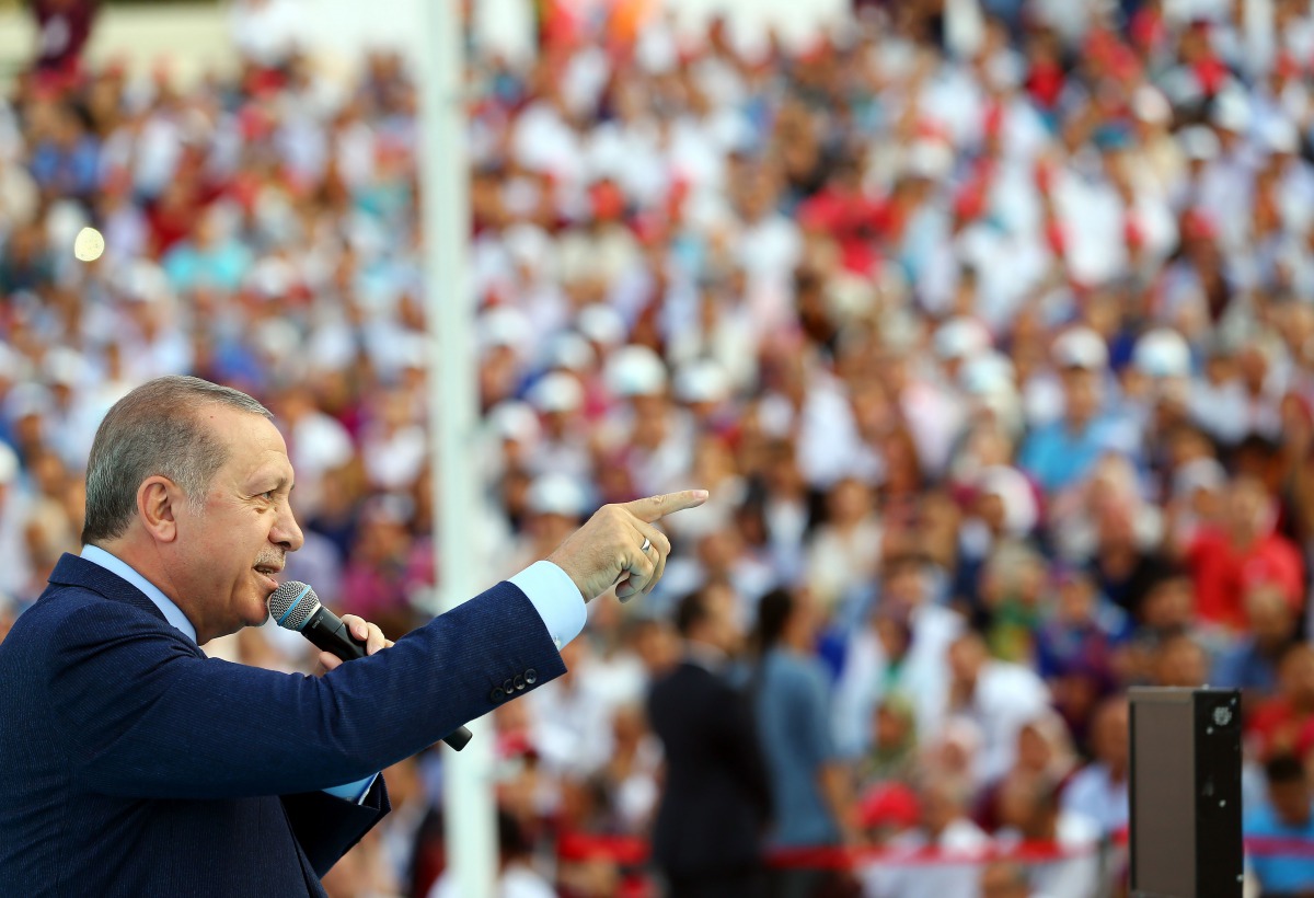 Turkish President Recep Tayyip Erdogan delivering a speech as he attends a meeting of ruling Justice and Development Party (AKP) in Denizli. AFP Photo / Turkish Presidential Press Service