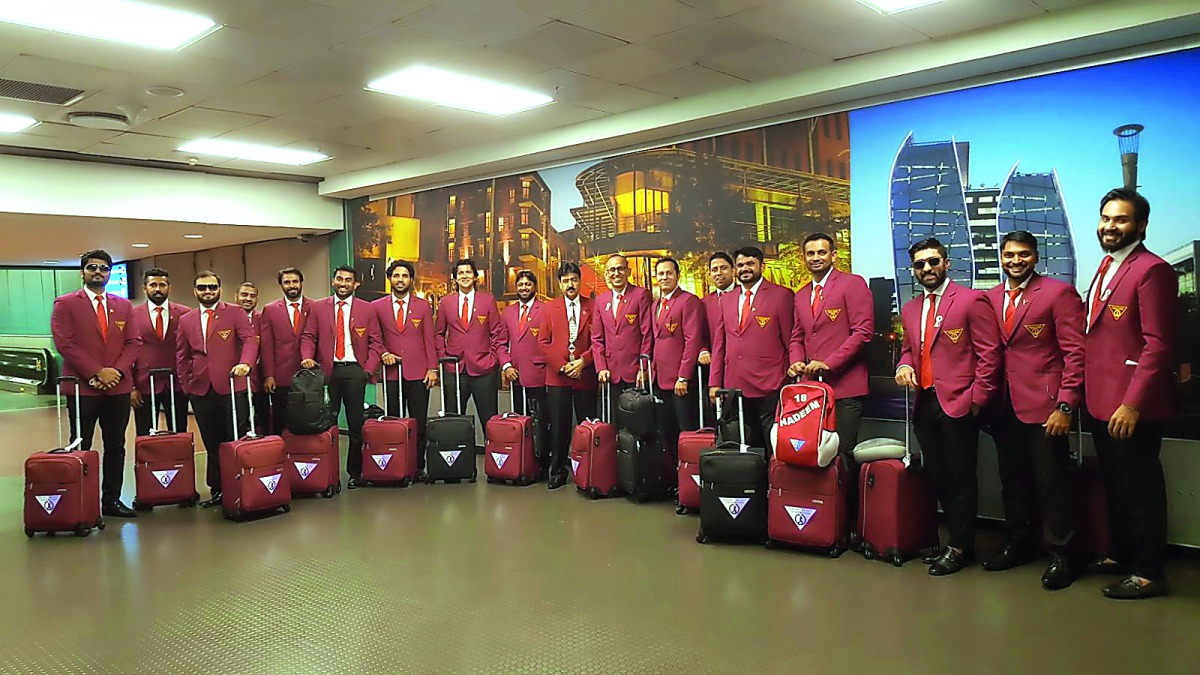 Qatar national cricket team players and officials pose for a photograph upon their arrival in Benoni, South Africa, yesterday.