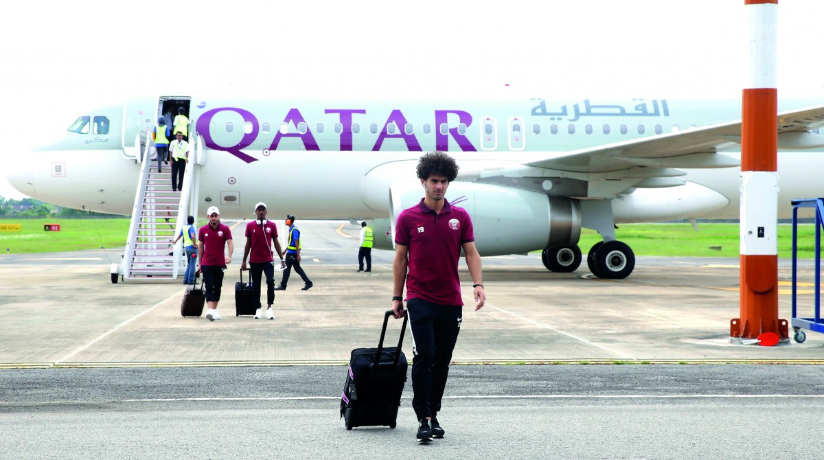 Qatari football players arrive at the Melaka Airport in Malacca, Malaysia ahead of their 2018 World Cup Qualifier against Syria which will be played at the Hang Jebat Stadium tomorrow.