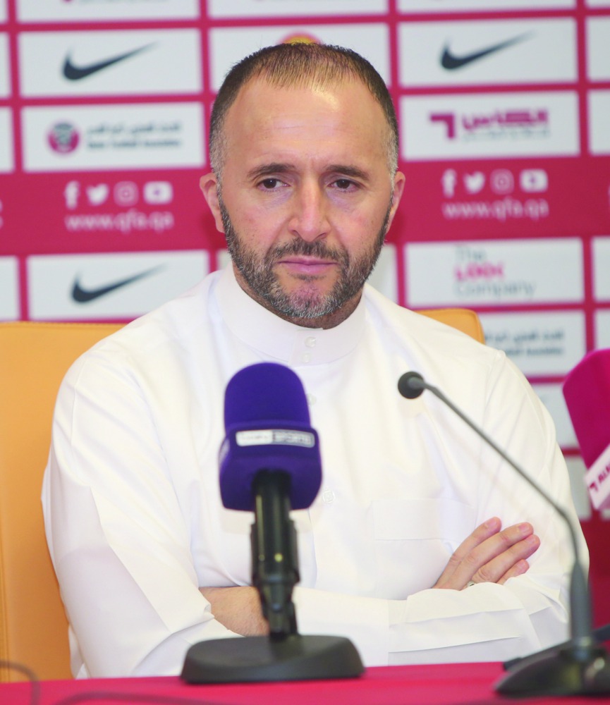 Al Duhail coach Djamel Belmadi addressing the gathering during a pre-match press conference held at the Al Duhail Sports Club on Thursday.