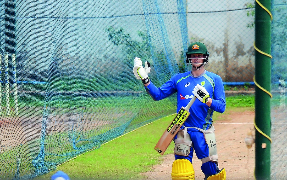 Australian cricketer Steven Smith gesturing as he practices in the nets during a training session ahead of the ODI series in Chennai. on Thursday.