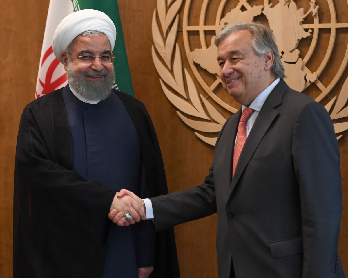 United Nations Secretary-General Antonio Guterres meets with Iranian President Hassan Rouhani on September 18, 2017 at the United Nations in New York. AFP / Don Emmert