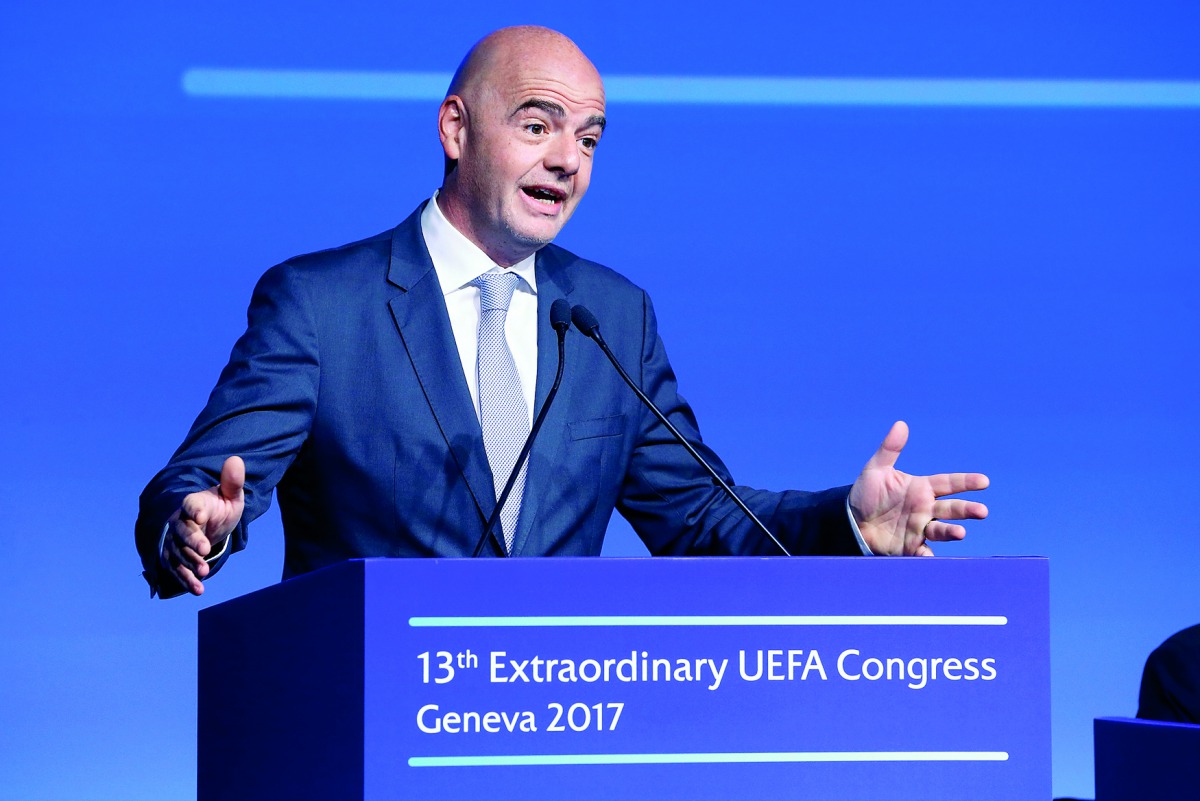 FIFA President Gianni Infantino speaks during the 13th Extraordinary UEFA Congress in Geneva, Switzerland.