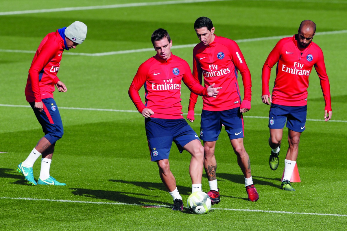 PSG players Neymar, Giovani Lo Celso, Angel Di Maria and Lucas Moura during a training session at Ooredoo Camp, Saint Germain-En-Laye, France on Thursday.