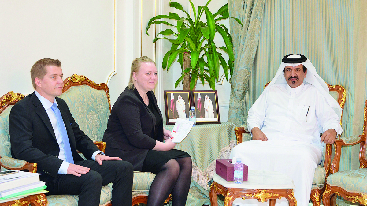 Mohammed bin Ahmed bin Towar Al Kuwari (right), Vice-Chairman of QC, with officials of the Danish business mission, here yesterday.