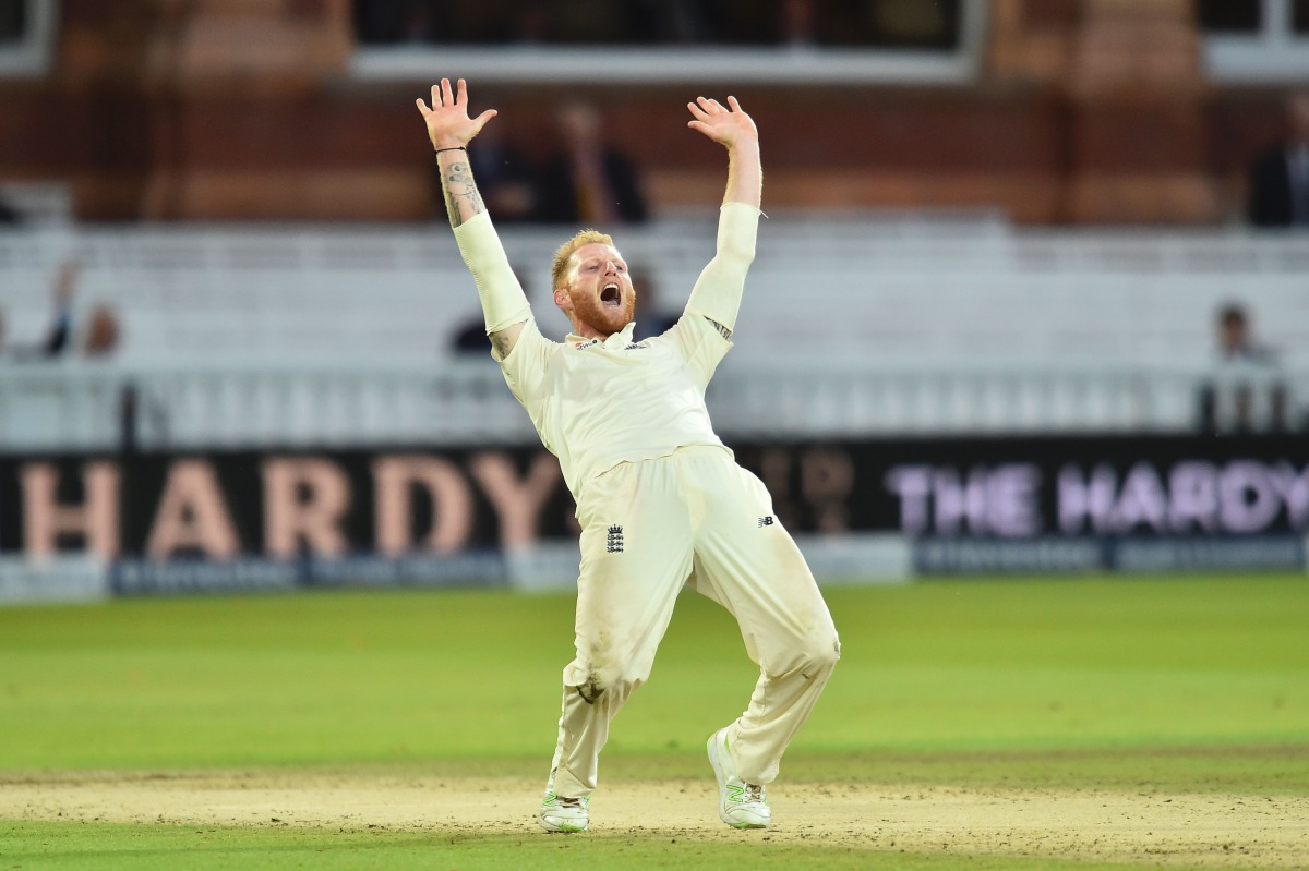 This file photo taken on September 08, 2017 shows England's Ben Stokes appealing unsuccessfully for the wicket of West Indies' Shai Hope during the second day of the third international Test match between England and West Indies at Lords cricket ground in