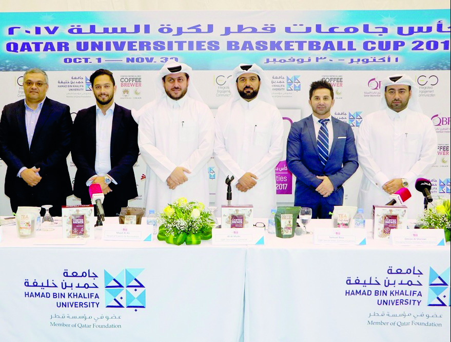 Officials of Qatar Basketball Federation (QBF),  Hamad bin Khalifa University (HBKU) and Strategic Partners Alliance (SPA) pose for a photograph during a press conference in which they disclosed the technical and administrative arrangements of the Qatar U