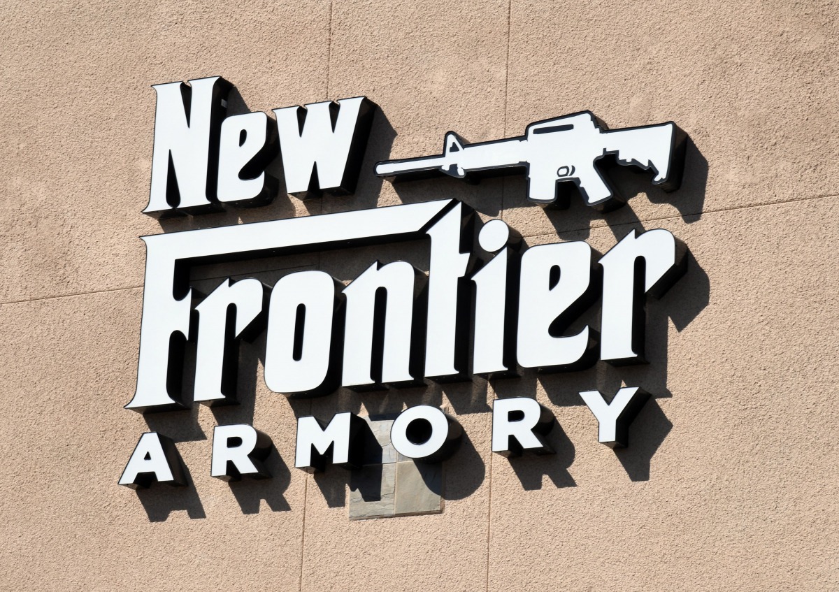 A general view shows a sign outside the New Frontier Armory on October 4, 2017 in North Las Vegas, Nevada. Stephen Paddock legally bought firearms at the store earlier this year. On October 1, Paddock killed at least 59 people and injured more than 500 af