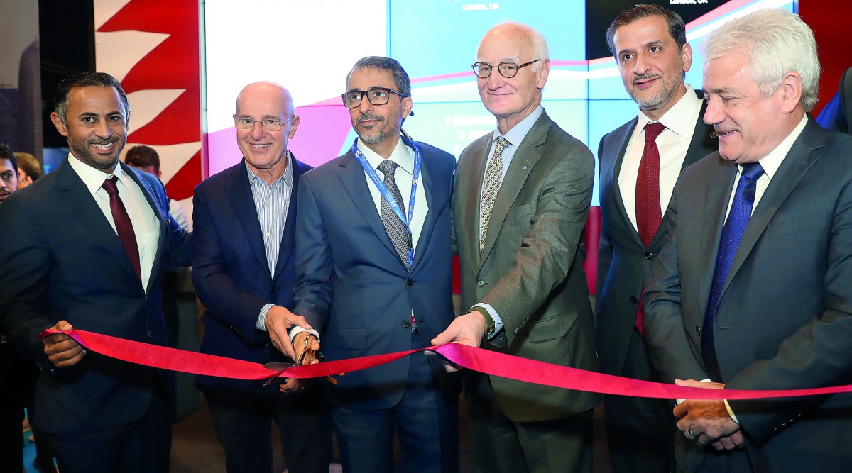 Minister of Culture and Sport H E Salah bin Ghanem Al Ali cutting the ribbon to open the 8th Aspire4Sport Exhibition and Congress at Chelsea’s Stamford Bridge Stadium in London yesterday. 
