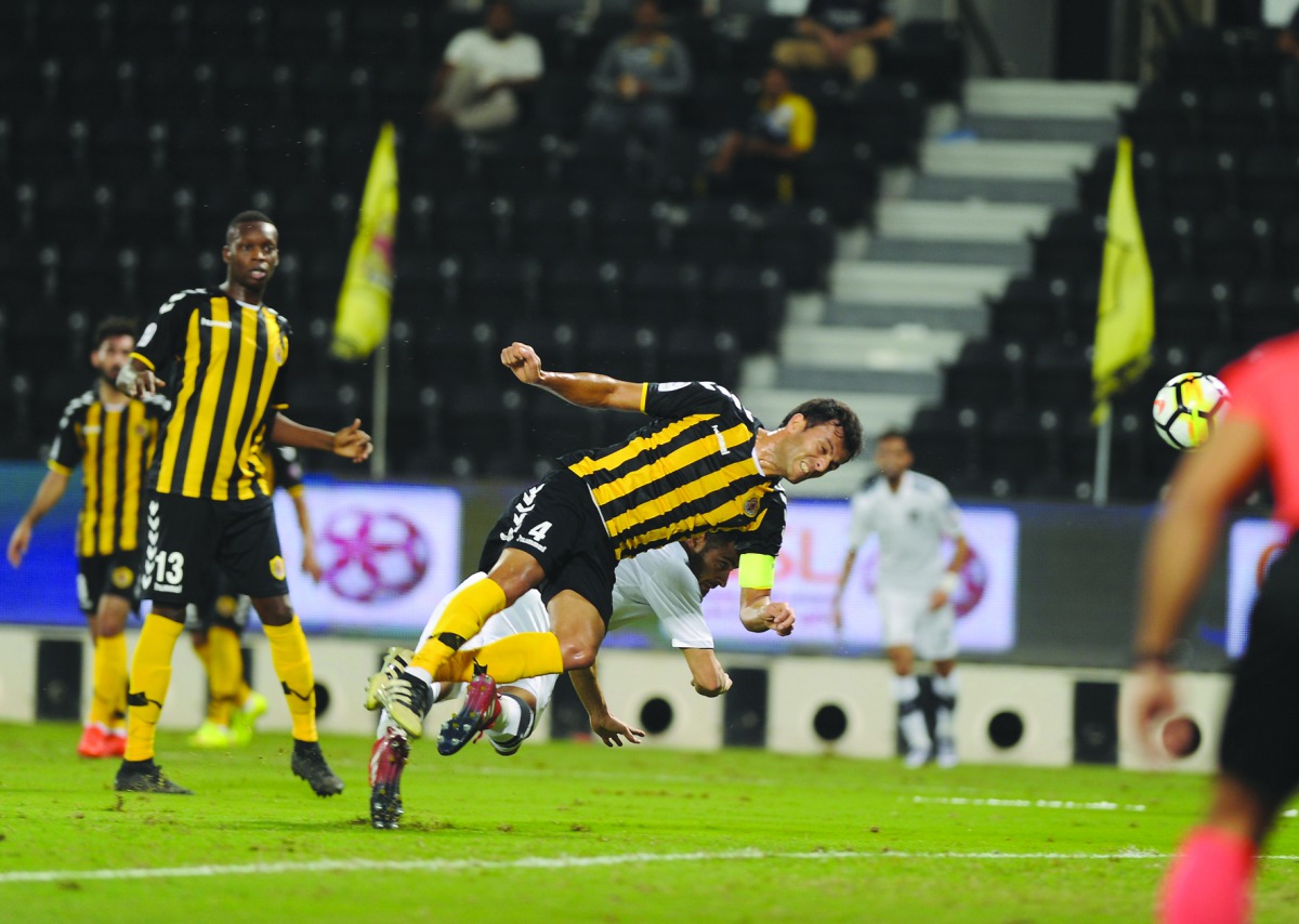 Al Sadd’s Morteza Mohammad scores their first goal against Qatar SC during their QNB Stars League match played at Al Sadd Stadium yesterday.