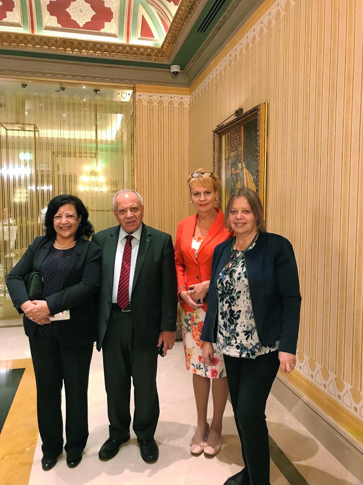 Bitte Hammargren (right), with Ewa Polano, Ambassador of Sweden to Qatar, Mounir Ghannam, Ambassador of Palestine to Qatar, and Hanina Ghannam (left), wife of Mounir.