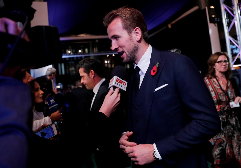 Tottenham's Harry Kane speaks to the media before the start of the awards REUTERS/Eddie Keogh
