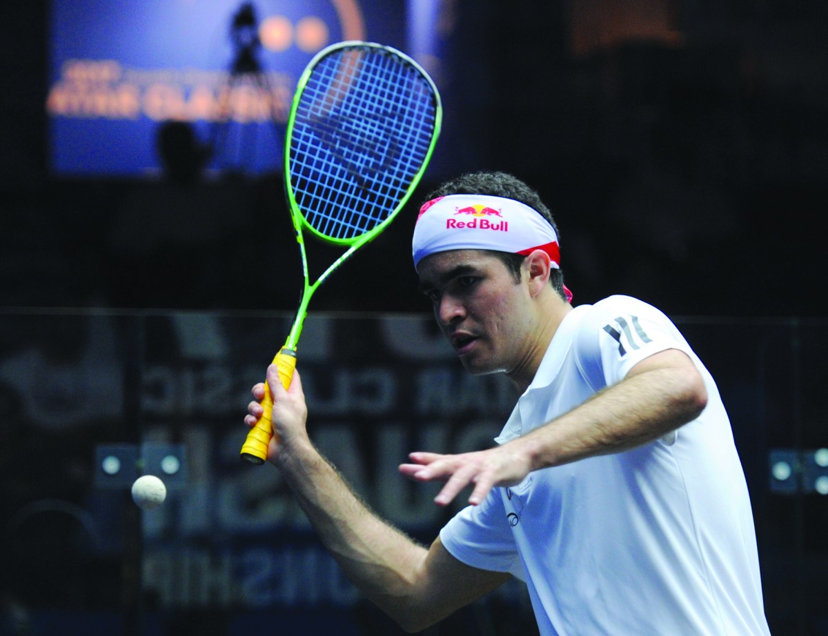 Diego Elias of Peru in action against James Willstrop of England during their Qatar Classic 2017 match at the Khalifa International Tennis and Squash Complex in Doha yesterday. Pictures: Anvar Sadath