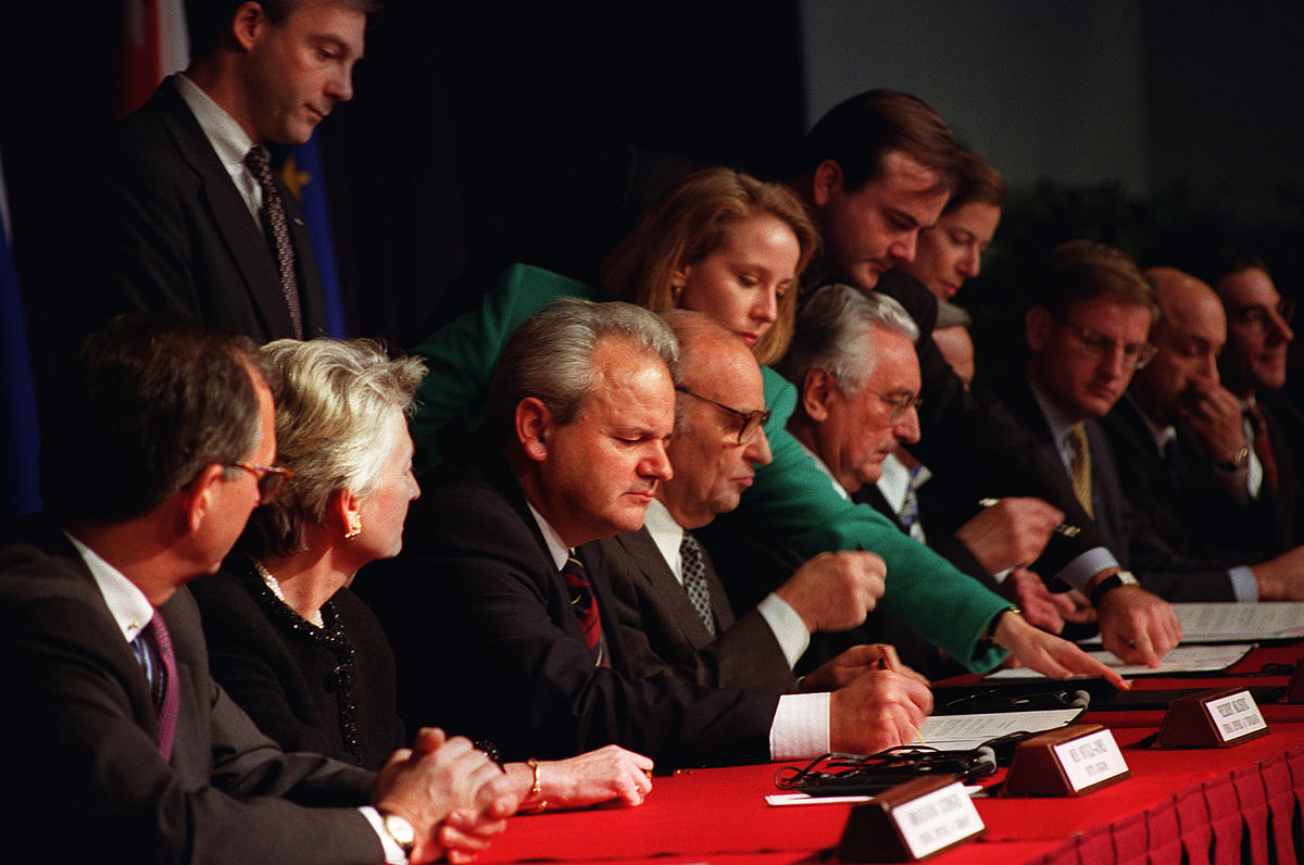 President Slobodan Milosevic of the Federal Republic of Yugoslavia, President Alija Izetbegovic of the Republic of Bosnia and Herzegovina, and President Franjo Tudjman of the Republic of Croatia initial the Dayton Peace Accords. The Balkan Proximity Peace