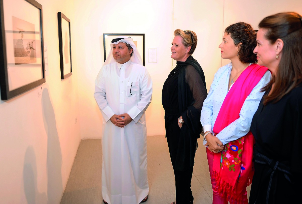 Ahmad Al Sayed (left), Deputy General Manager of Katara, with artists Cecilia Burtica, Aurelie Korady and Marie- Josee Bedard after the show’s opening at Katara Art Centre on Sunday.  Pic: Abdul Basit  / The Peninsula
