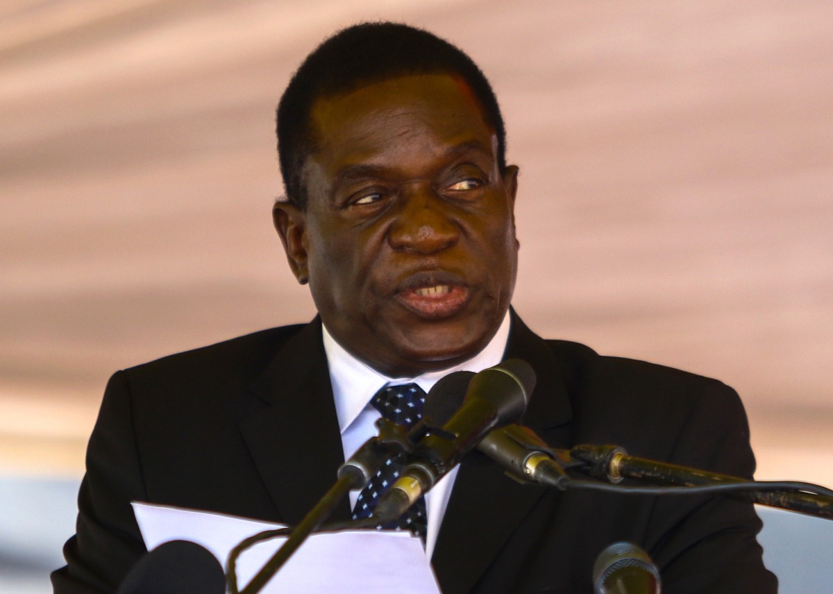 This file photo taken on January 7, 2017 show  Emmerson Mnangagwa speaking during the funeral ceremony of Peter Chanetsa at the National Heroes Acre in Harare. AFP / Jekesai Njikizana