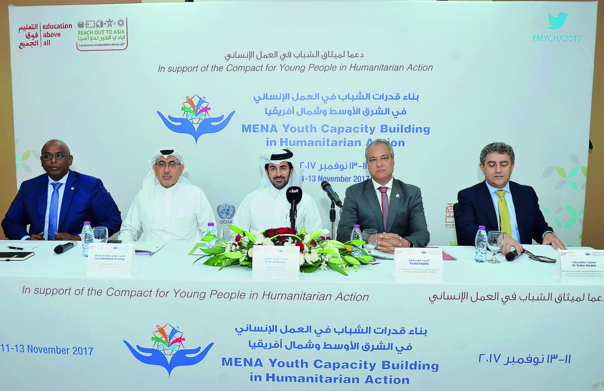 FROM LEFT:  Saeed Hersi, Head of United Nations Office for the Coordination of Humanitarian Affairs Gulf Liaison Office; Issa Mohamed Al Ishaq, Director of Communication at QRCS; Essa Al Mannai, Executive Director of ROTA; Khalid Khalifa, GCC Regional Rep