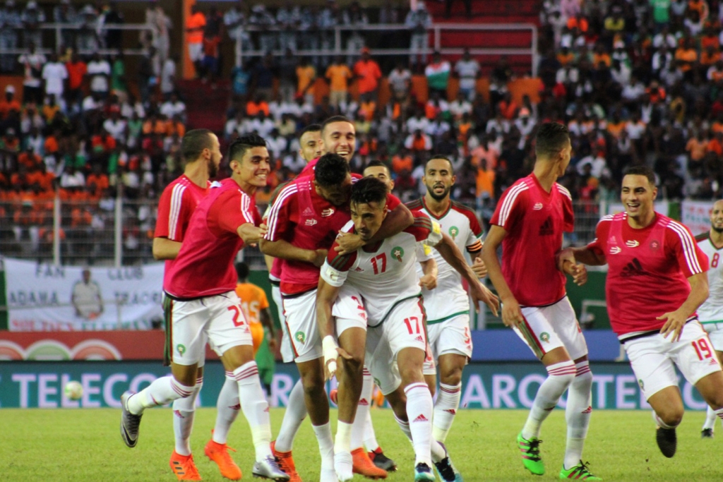 Nabil Dirar (17) of Morocco celebrates after scoring a goal during the 2018 FIFA World Cup African Qualifying Group C football match between Ivory Coast and Morocco at Felix Houphouet-Boigny Stadium in Abidjan, Ivory Coast on November 11, 2017. ( Cyrille 
