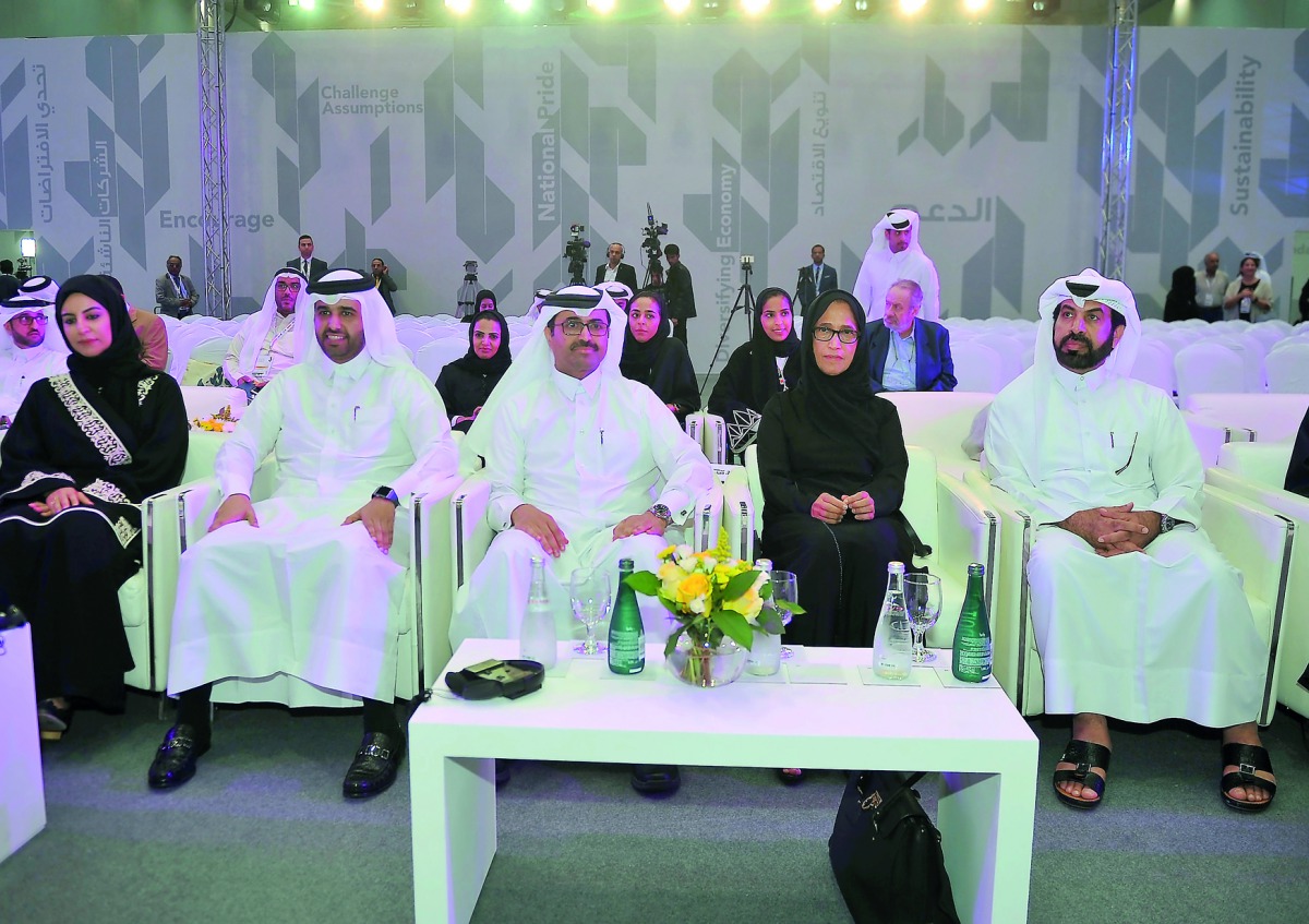 H.E. Dr Mohammed bin Saleh Al Sada (second left), Minister of Energy and Industry; Abdulaziz bin Nasser Al Khalifa (left), QDB CEO; and Dr Hessa Al Jaber (second right) with other officials during the Rowad Qatar Conference which took place at DECC yester