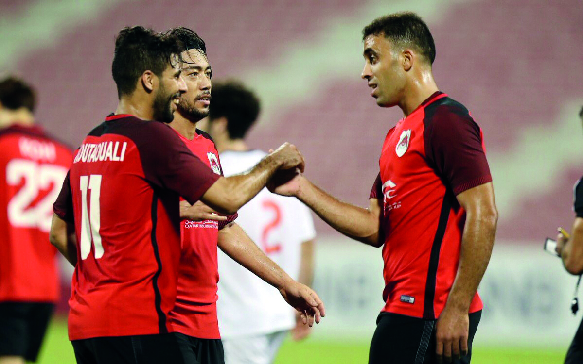 Al Rayyan players celebrate a goal against Umm Salal suring their QSL Cup match at Al Arabi Stadium yesterday.