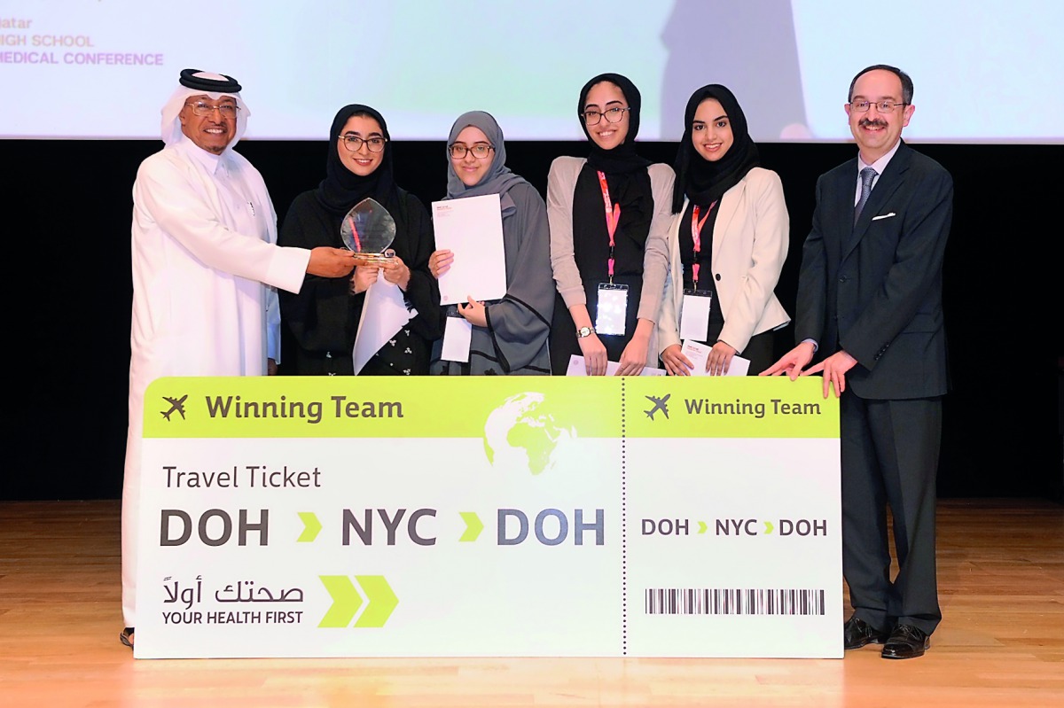 The winning team from Qatar International School receiving the ticket to New York offered by Your Health First campaign.