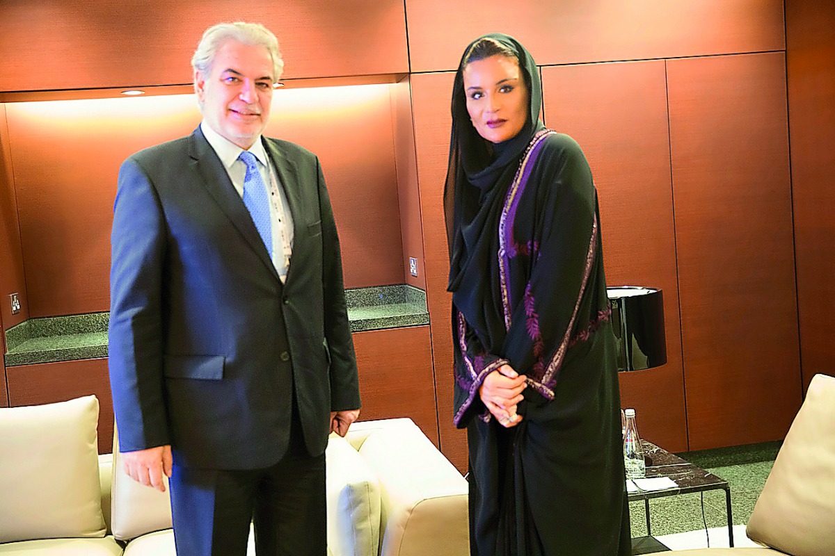 H H Sheikha Moza bint Nasser with Christos Stylianides, European Commissioner for Humanitarian Aid and Crisis Management, at WISE 2017, where they discussed refugee education and Education Above All projects.