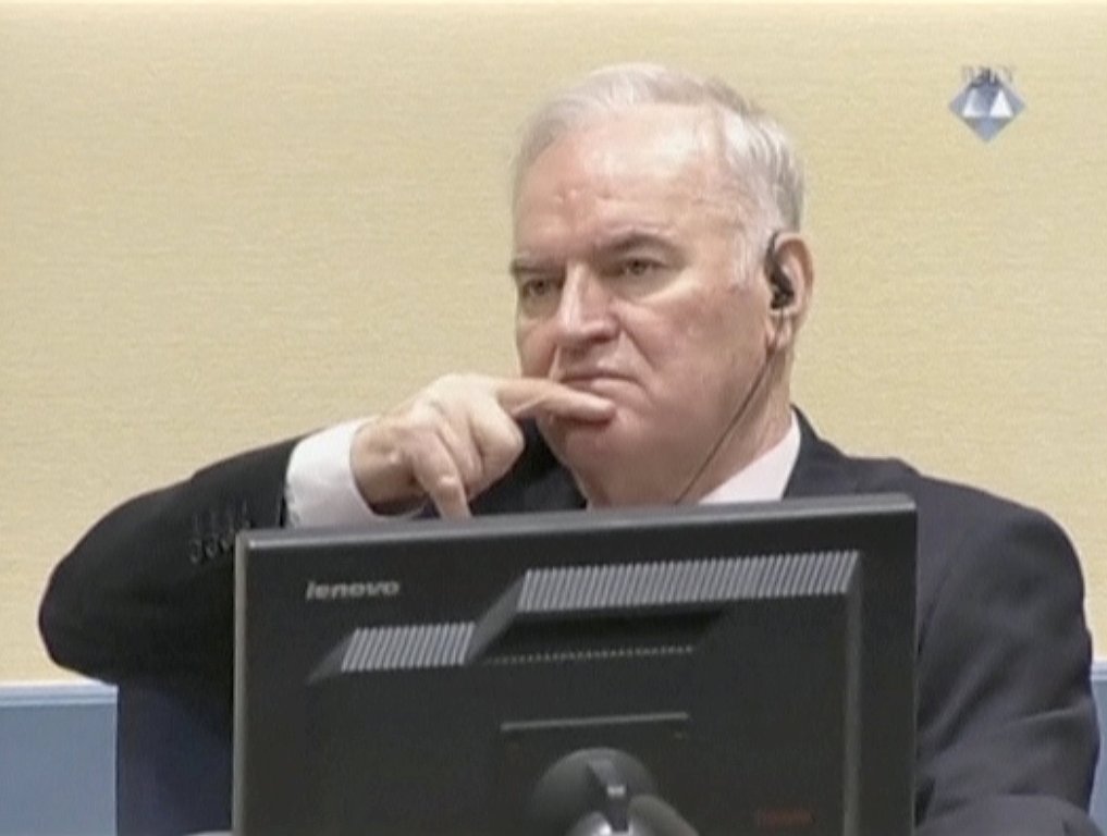 Ex-Bosnian Serb wartime general Ratko Mladic reacts in court at the International Criminal Tribunal for the former Yugoslavia (ICTY) in the Hague, Netherlands in this still image taken from a video released by the International Criminal Tribunal for the f