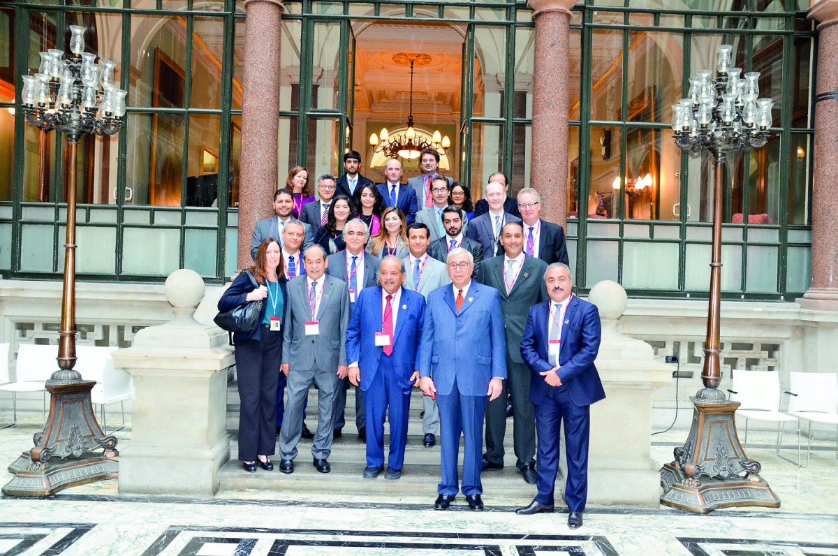 Sheikh Faisal bin Qassim Al Thani (front row, centre), Chairman of the QBA; Hussein Al Fardan (front row, second right), First Deputy to the QBA Chairman and other senior QBA officials in London, UK as part of their European tour to attract investments.