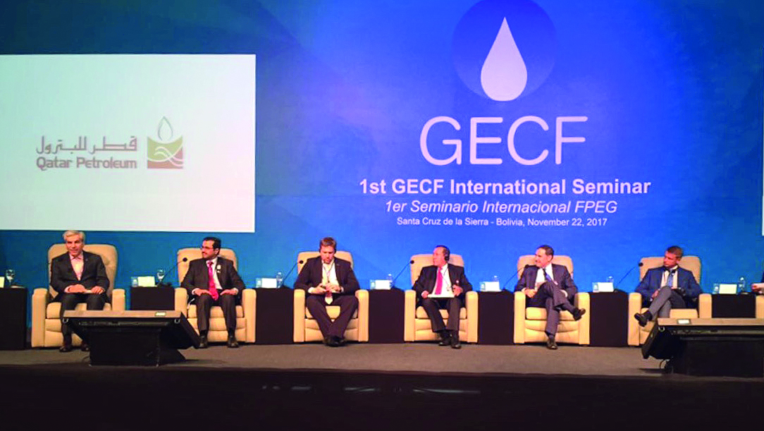 H E Dr Mohammed bin Saleh Al Sada (second left) Minister of Energy and Industry, at the First International Gas Seminar of GECF, yesterday, in Santa Cruz, Bolivia. 
