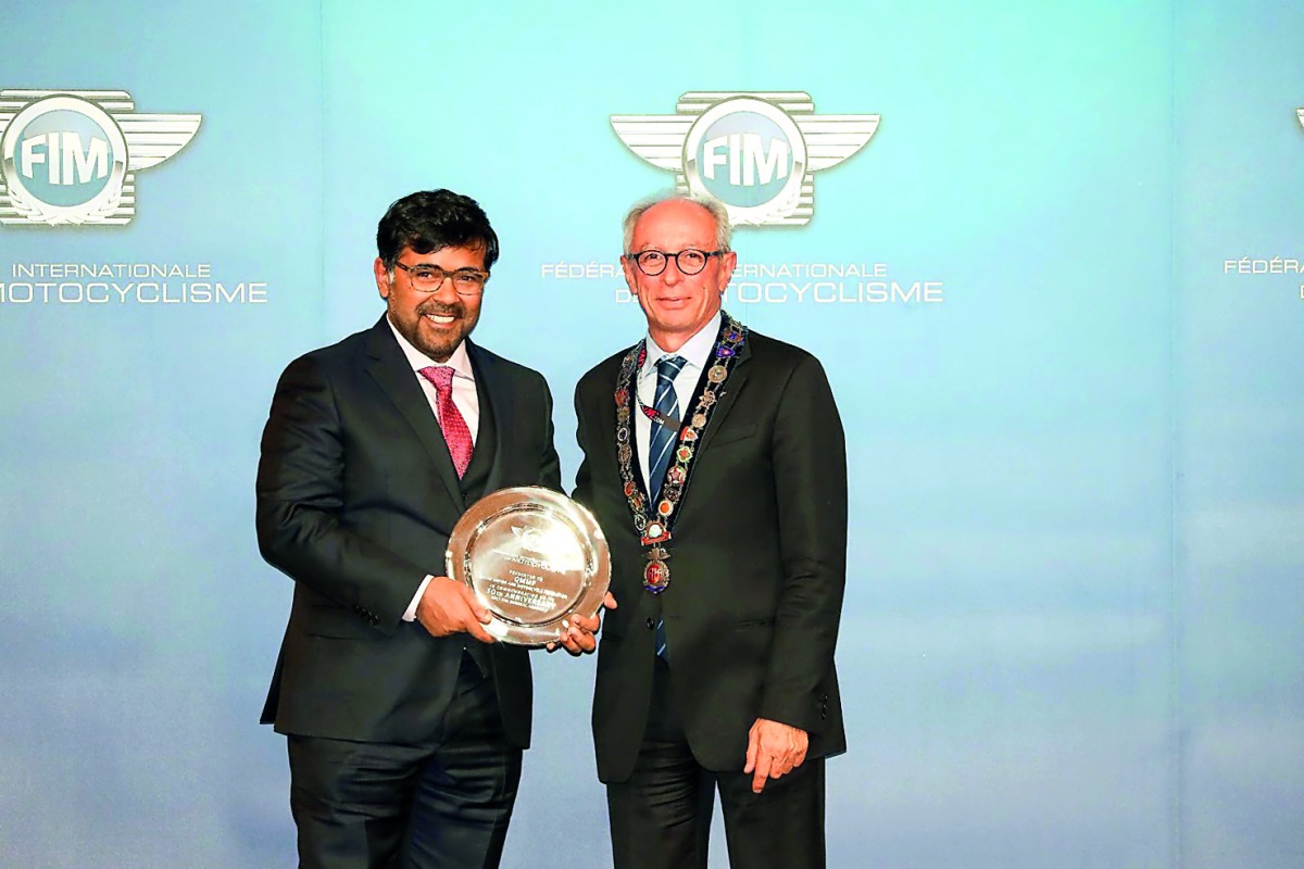Qatar Motor and Motorcycling Federation (QMMF) President Abdulrahman Al Mannai during his meeting with FIM chief Vito Ippolito in Spain. The two met on the sidelines of 2017 FIM World Champions gala.