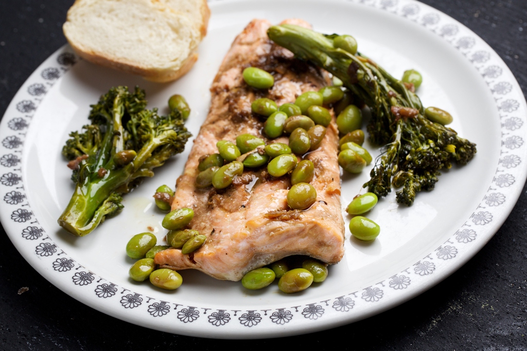 Arctic Char, Broccolini and Edamame With Soy-Ginger Sauce. (Photo by Deb Lindsey for The Washington Post)