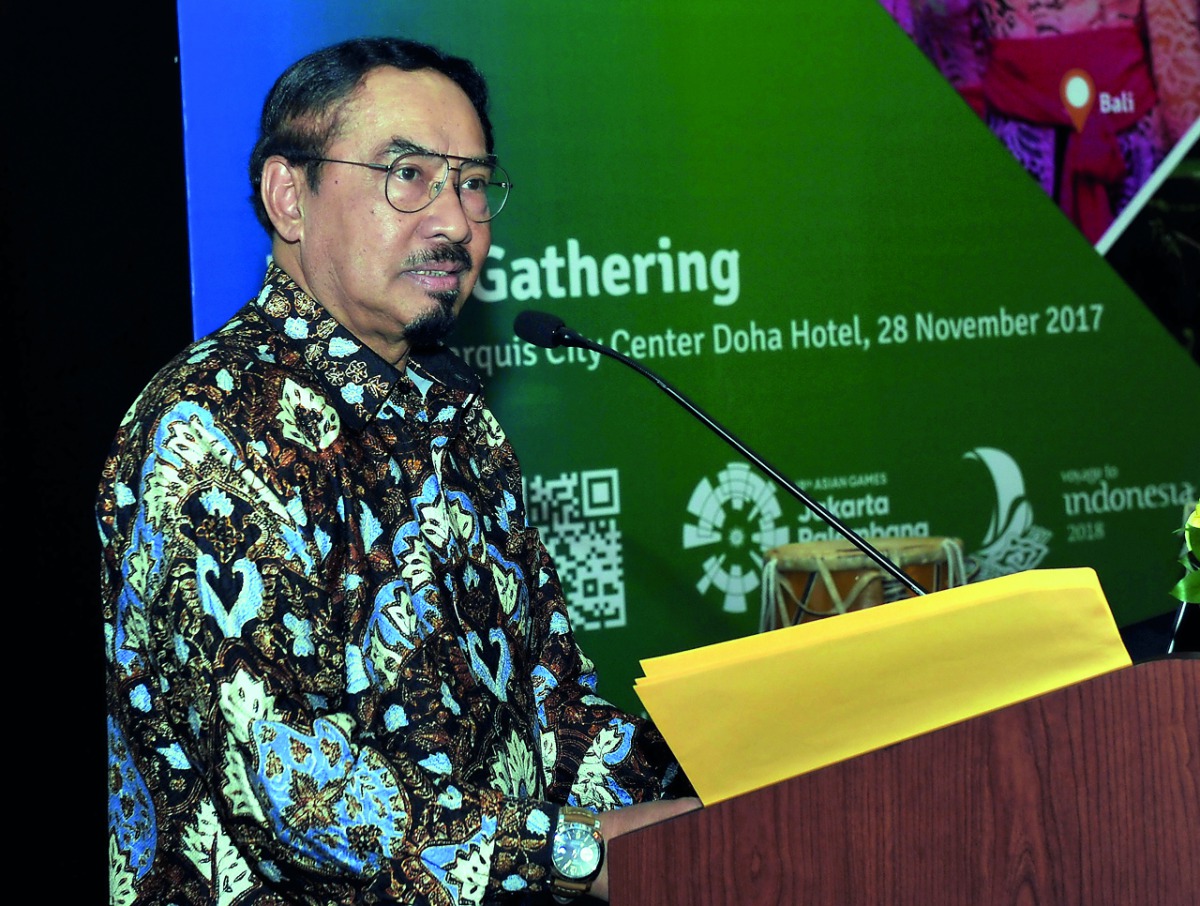 Indonesian Ambassador, Muhammad Basri Sidehabi, speaking at the Travel Gathering as part of wonderful Indonesia Festival in Qatar held at Marriott Marquis City Center yesterday.
Pic: Kammutty V P / The Peninsula 