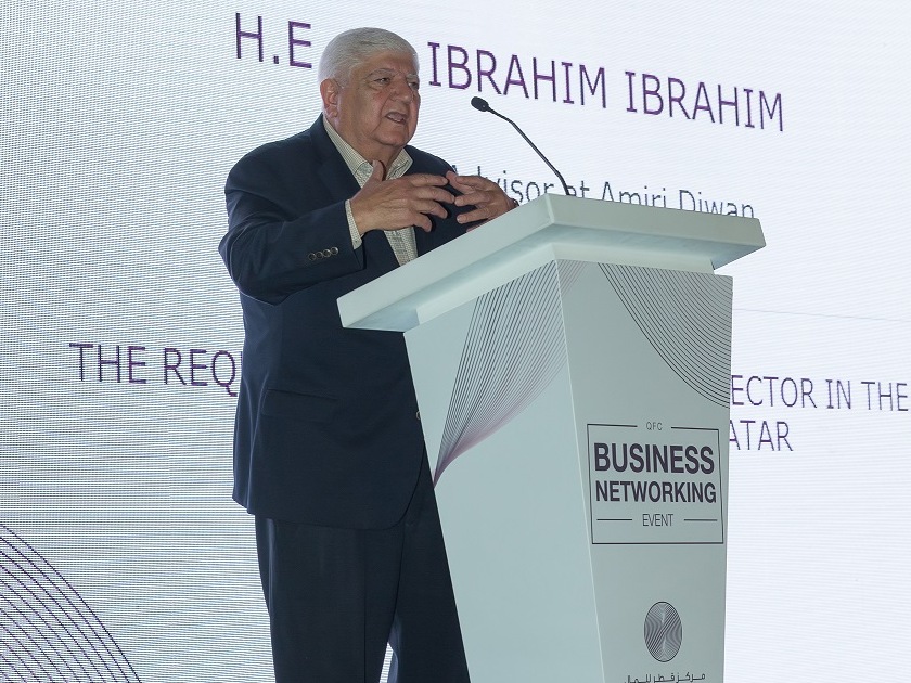 Emiri Diwan Economic Adviser Dr Ibrahim Ibrahim speaks at the QFC Networking event.