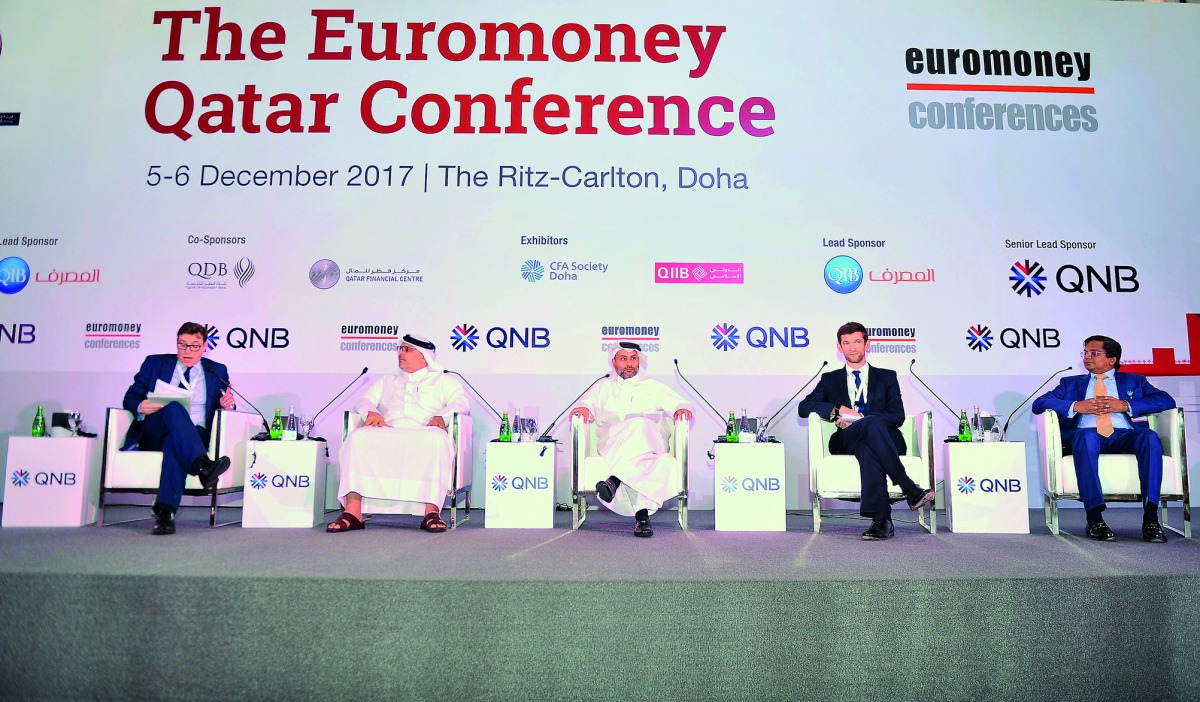 FROM LEFT: Charlie Corbett, Editorial Director Euromoney Conference; Dr Saad bin Ahmad Al Muhannadi, President, Ashghal; Yousuf Mohamed Al Jaida, Chief Executive Officer, Qatar Financial Centre (QFC) Authority; Rory Fyfe, Head of Economics at Qatar Nation