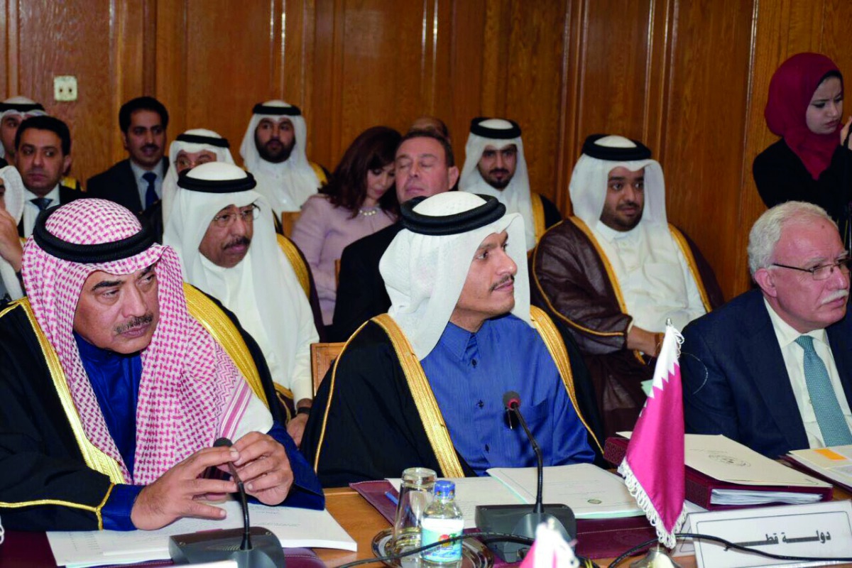 Deputy Prime Minister and Foreign Minister H E Sheikh Mohamed bin Abdulrahman Al Thani attending the Arab emergency meeting at the level of the Foreign Ministers, at the headquarters of the Arab League in Cairo on Saturday.