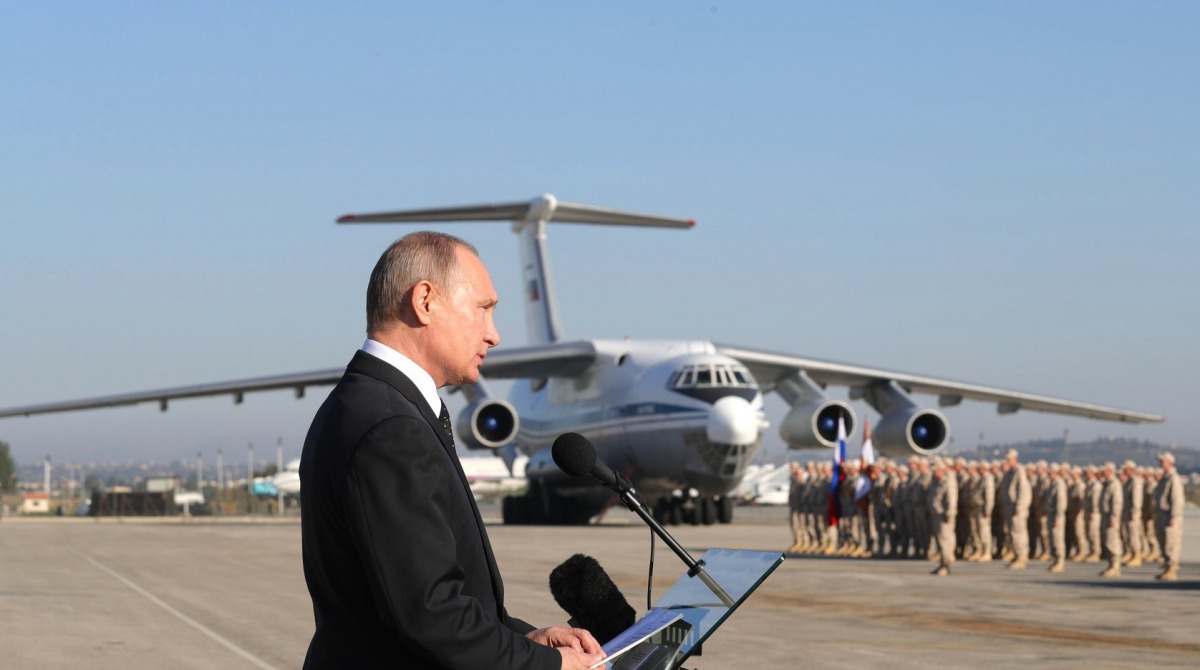 Russian President Vladimir Putin addresses during his visit at Khmeimim Air Base in Latakia, Syria on December 11, 2017. Kremlin Press Office / Handout - Anadolu 
