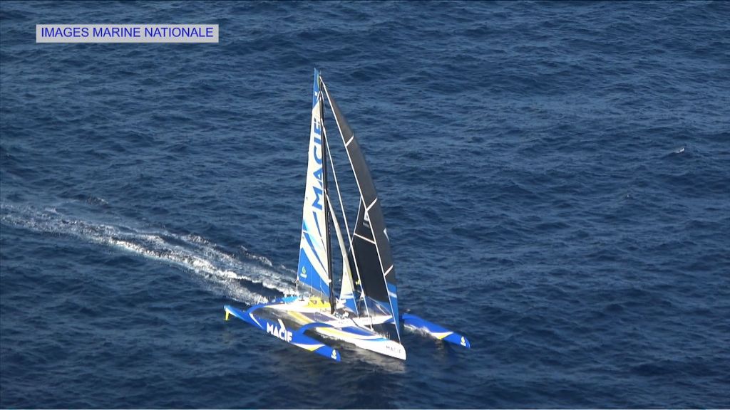 This screen grab taken on December 16, 2017 from a French Marine Nationale video shows France's skipper Francois Gabart's MACIF trimaran sailing. AFP PHOTO / SOURCE / BYLINE