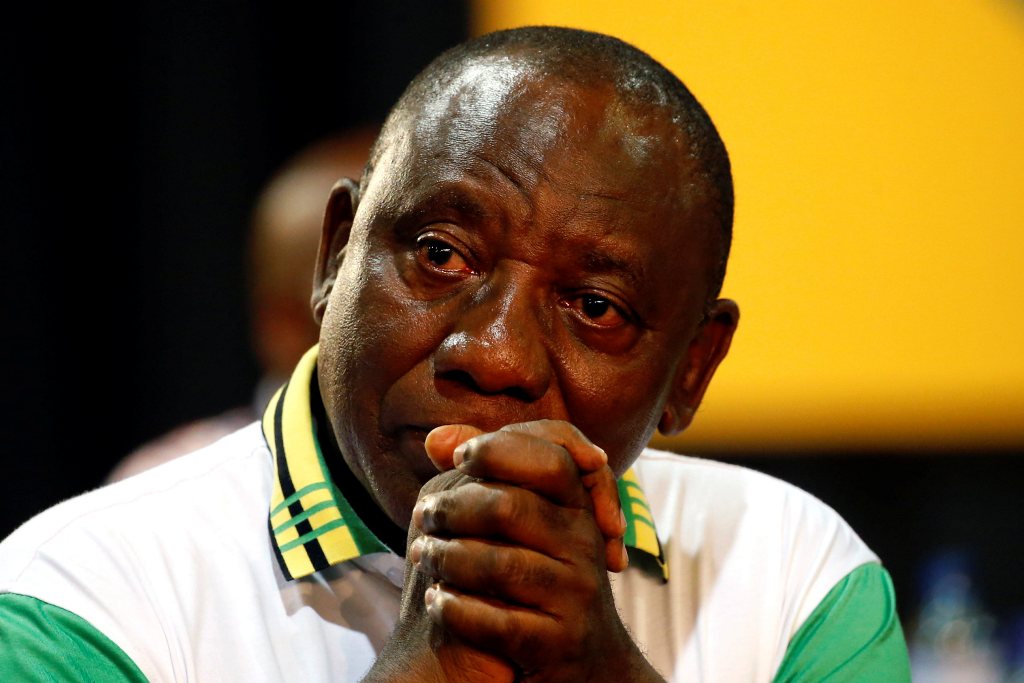 Deputy president of South Africa Cyril Ramaphosa reacts after he was elected president of the ANC during the 54th National Conference of the ruling African National Congress (ANC) at the Nasrec Expo Centre in Johannesburg, South Africa December 18, 2017. 