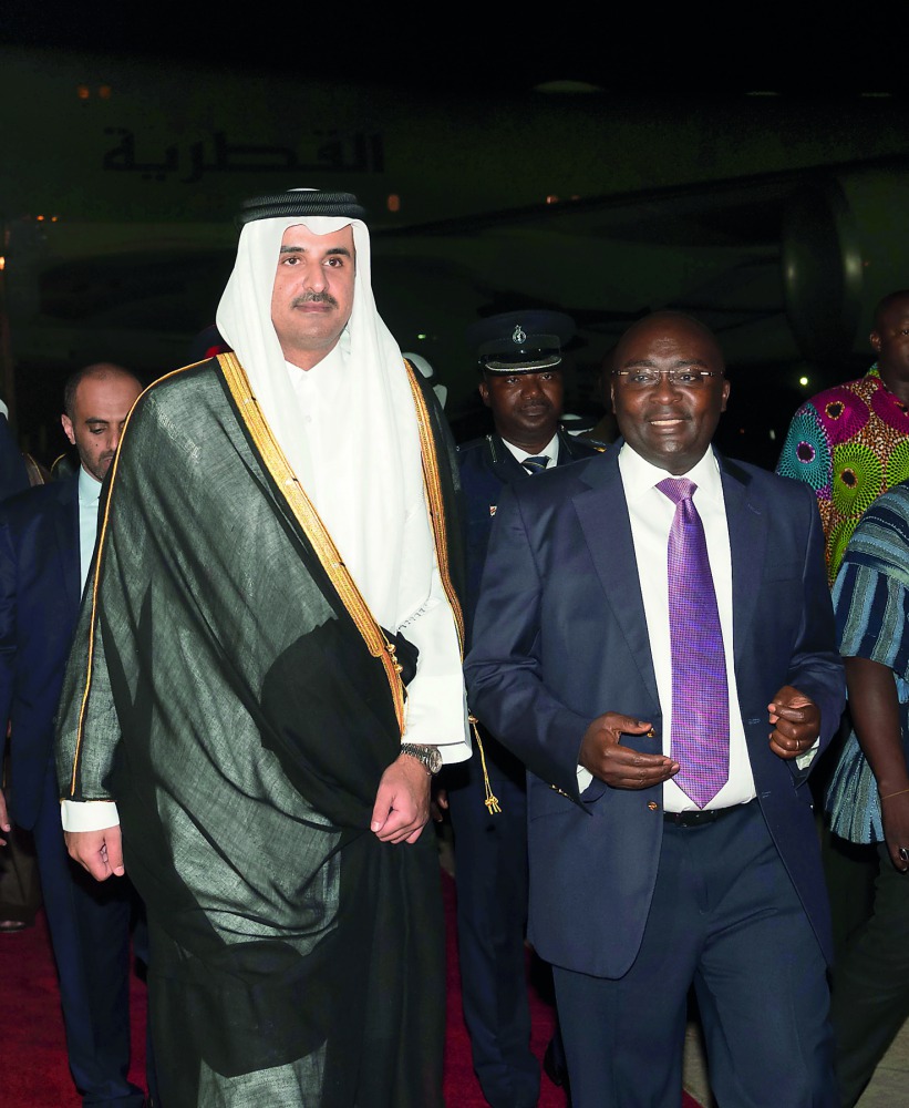 Emir H H Sheikh Tamim bin Hamad Al Thani being welcomed on arrival at Kotoka International Airport by Vice-President of the Republic of Ghana, Dr Mahamudu Bawumia.