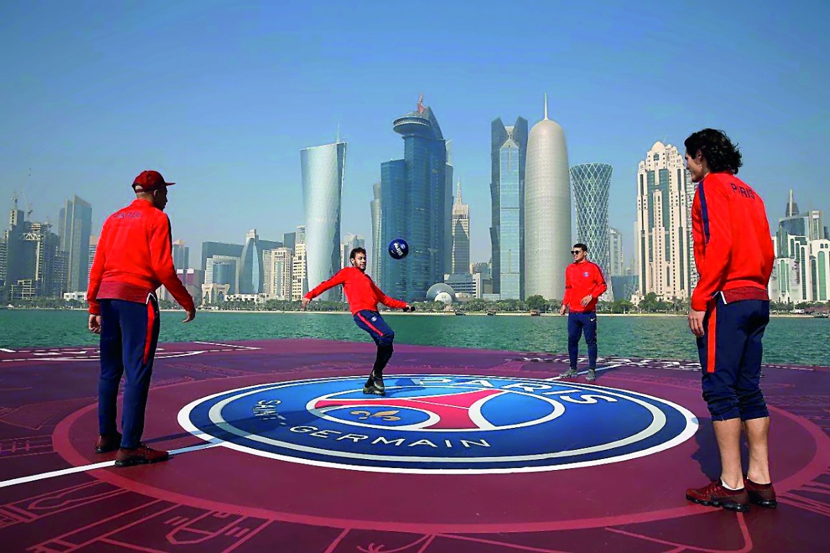 From left: PSG’s Kylian Mbappe, Neymar Jr, Thiago Silva and Edinson Cavani during a game on a floating football pitch on Friday at Corniche.