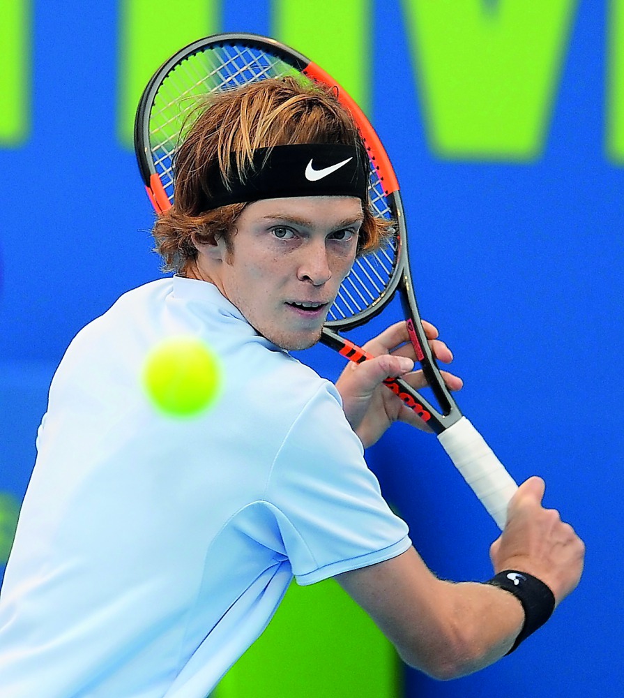 Russia’s Andrey Rublev returns the ball to Spain’s Fernando Verdasco during their second round match of the ATP Qatar ExxonMobil Open in Doha yesterday. Picture: Salim Matramkot/ The Peninsula