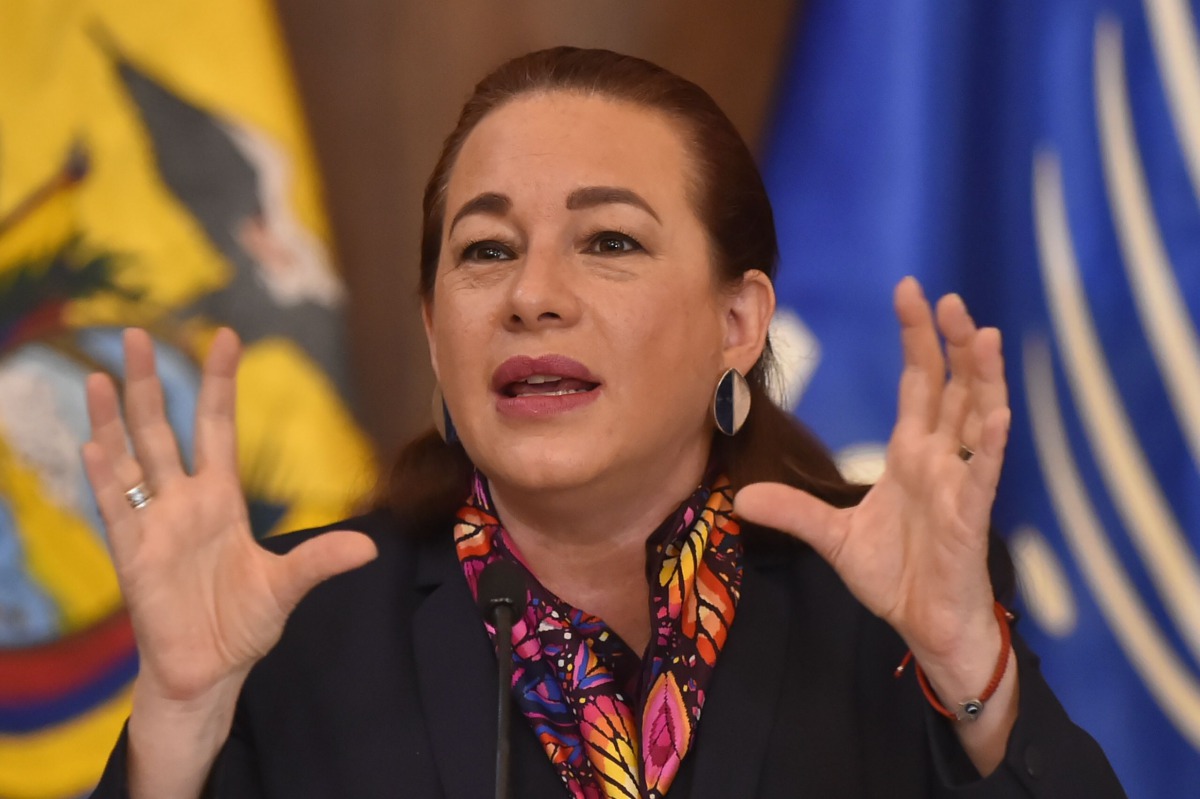 Ecuadorean Foreign Minister Maria Fernanda Espinosa speaks during a press conference in Quito on January 11, 2018, to announce WikiLeaks founder Julian Assange became an Ecuadoran citizen on December 12, 2017.  AFP / Rodrigo Buendia