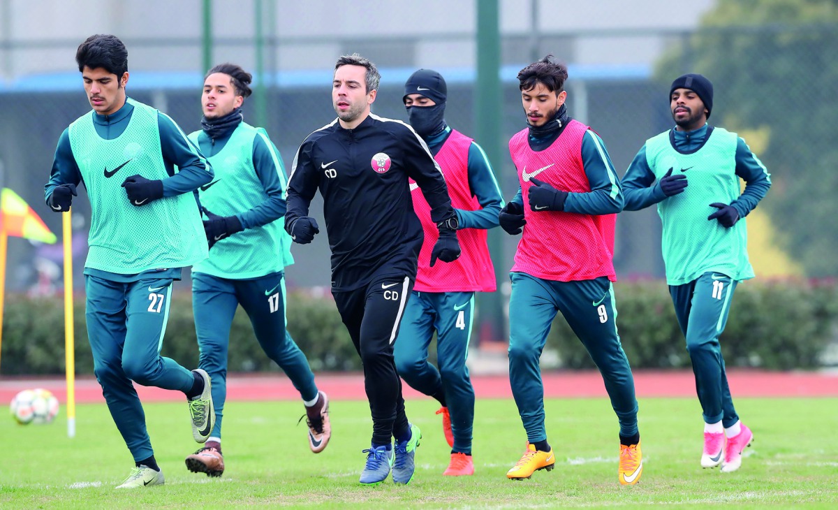 Qatar’s U23 players during a training session in Changzhou yesterday. 