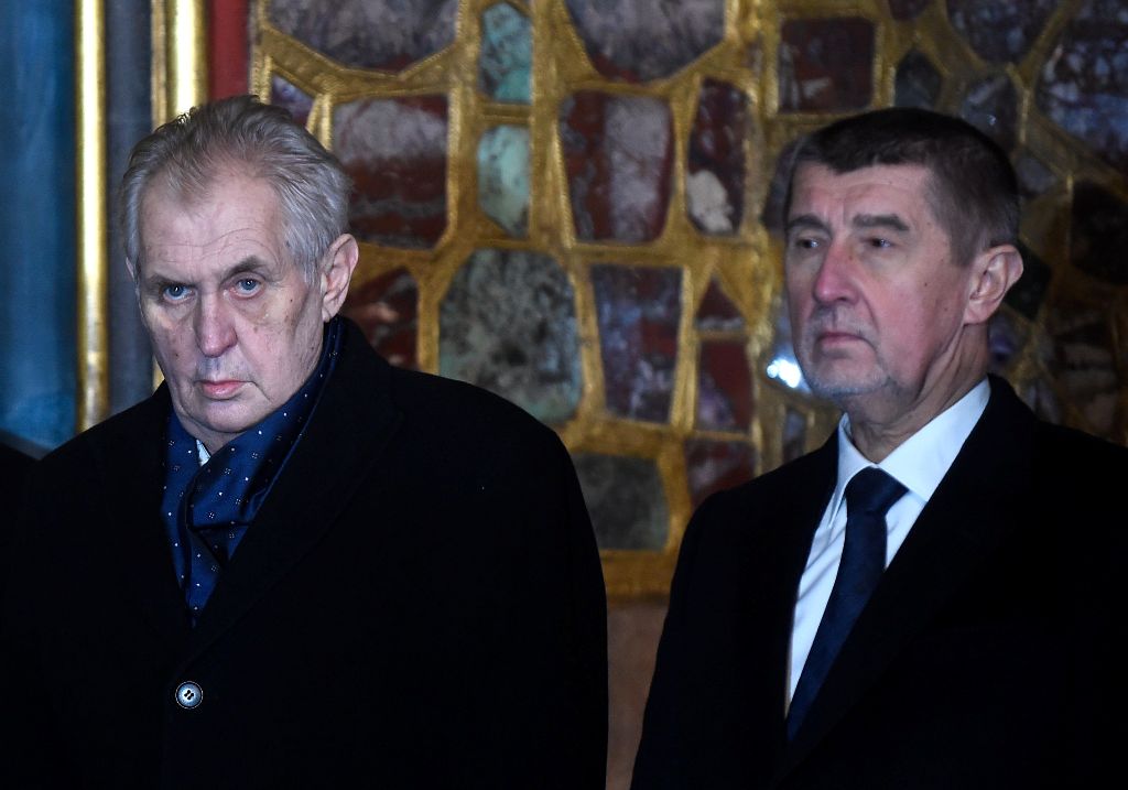 Czech Prime Minister Andrej Babis (R) and Czech President Milos Zeman (L) attend the ceremony presenting the Crown of Saint Wenceslas of Bohemia prior the opening of the 'Czech Jewels' exhibition on January 15, 2018, at the Prague Castle in the Czech capi