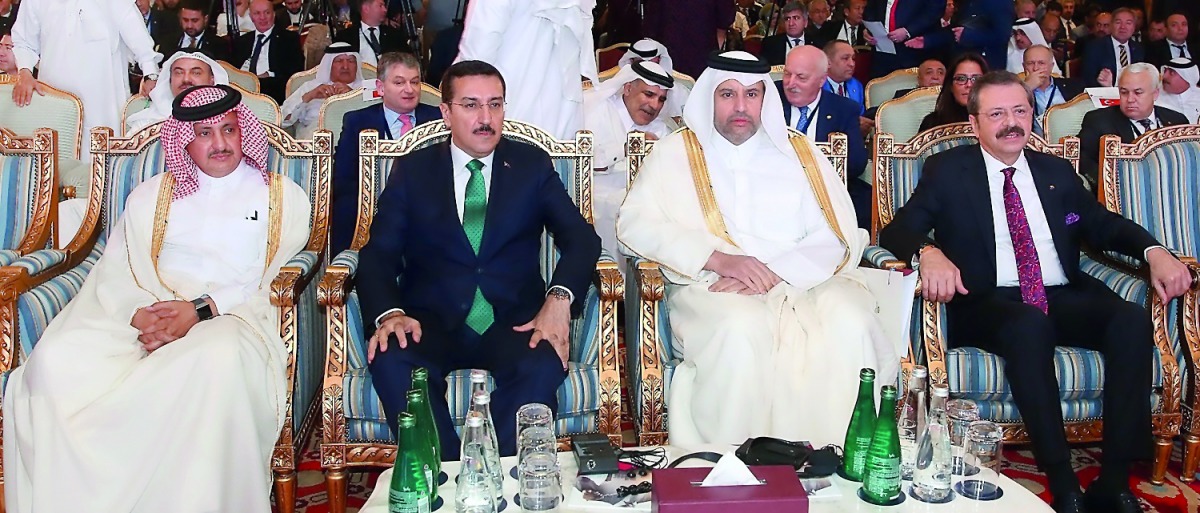 Minister of Economy and Commerce H E Sheikh Ahmed bin Jassim Al Thani (second right), Turkish Customs and Trade Minister Bulent Tufenkci (second left), Qatar Chamber Chairman Sheikh Khalifa bin Jassim Al Thani (left) and President of The Union of Chambers