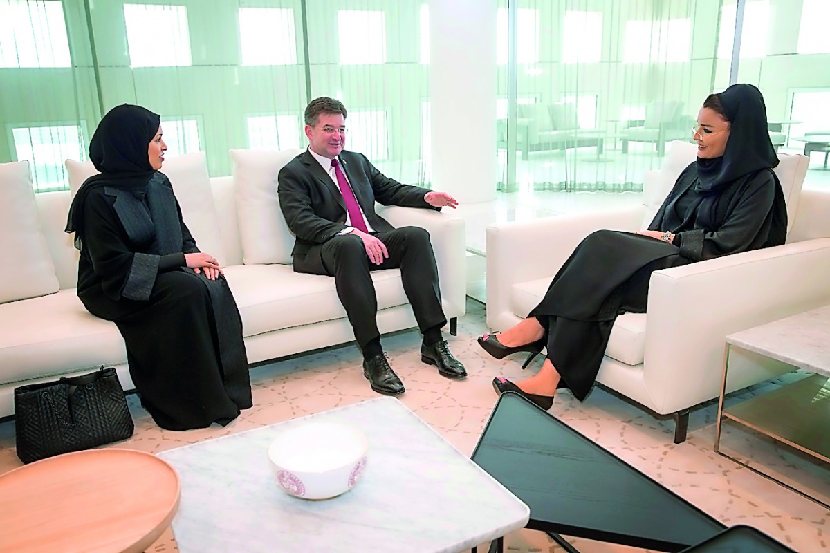 H H Sheikha Moza bint Nasser, Chairperson of Qatar Foundation for Education, Science and Community Development, with President of the 72nd session of the United Nations General Assembly, Miroslav Lajcak and State of Qatar’s permanent representative to the