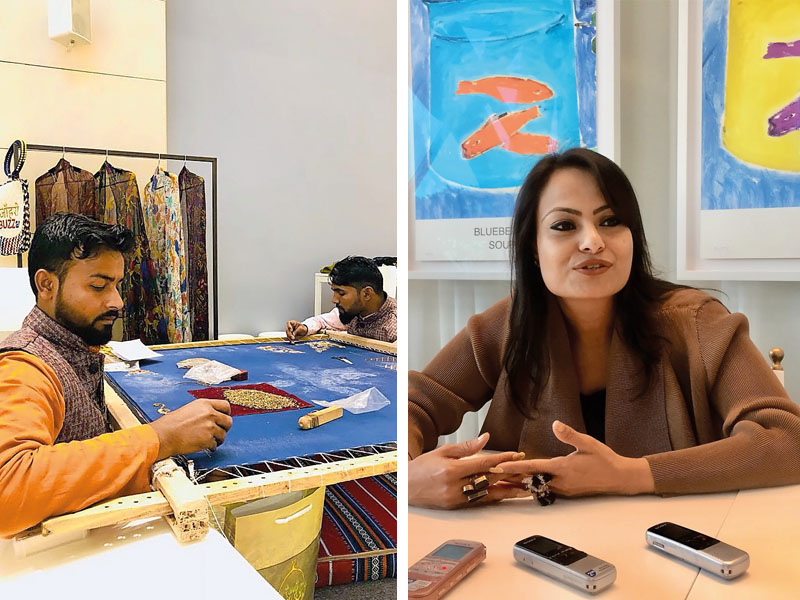 LEFT: Live demonstration at fabric embroidery pop up shop at The Gate Mall recently. Prominent Indian designer Pallavi Jaipur speaks to reporters at a recent media event at Mondrian Doha. PIC: Raynald C Rivera / The Peninsula