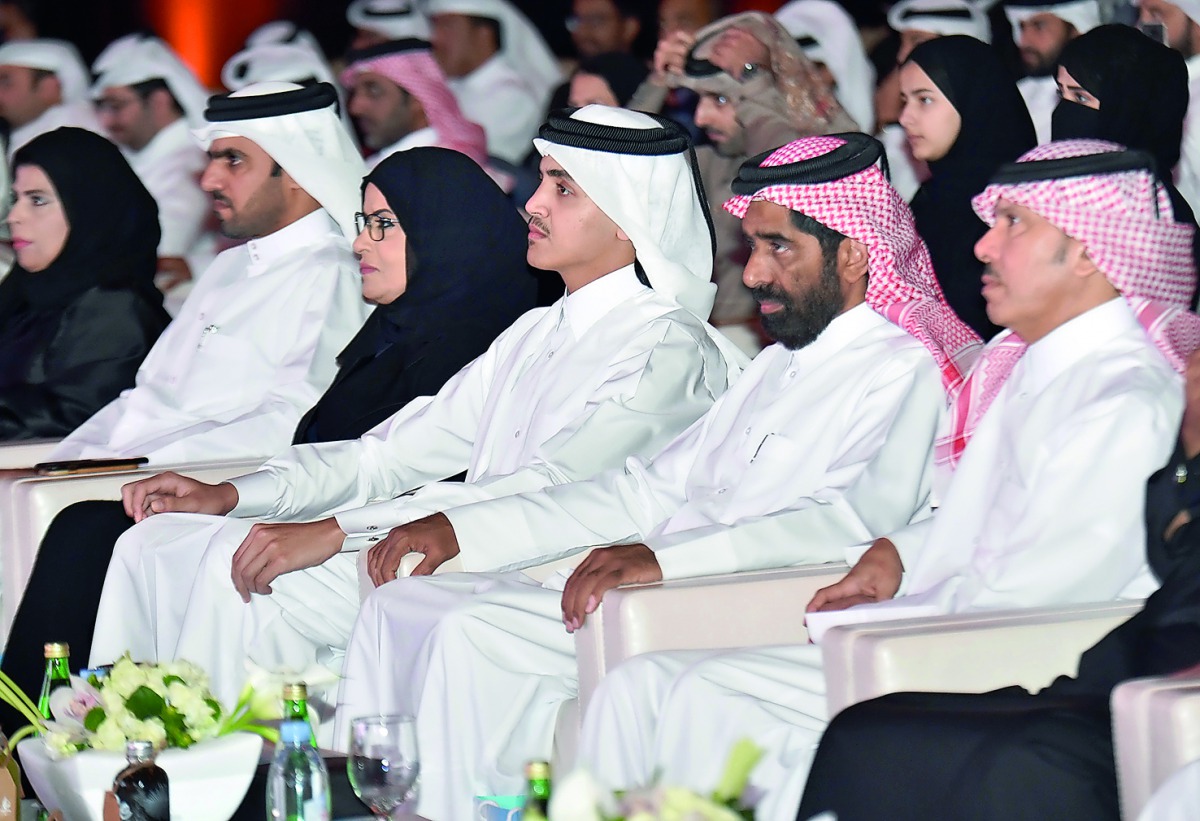 H E Sheikh Thani bin Hamad bin Khalifa Al Thani, H E Dr Saleh Mohamed Salem Al Nabit, Minister of Development Planning and Statistics and Amal bint Abdullatif Al Mannai, CEO of Qatar Foundation for Social Work, during the Graduation Ceremony of Sama Nama 