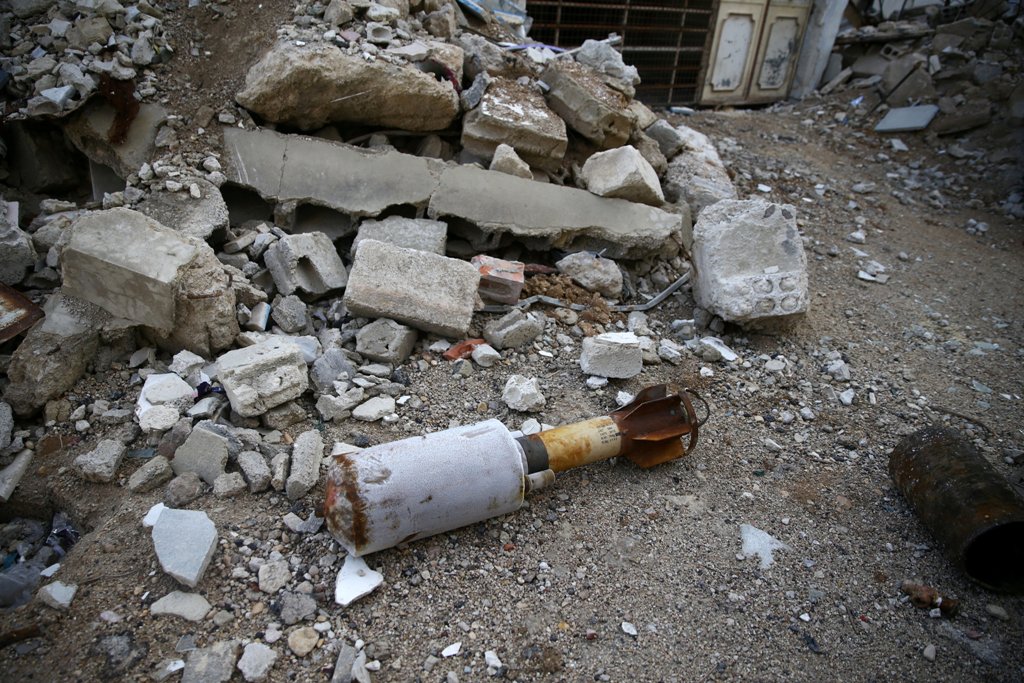 The remains of a rocket is seen in Douma, Eastern Ghouta in Damascus, Syria January 22, 2018. REUTERS/Bassam Khabieh
