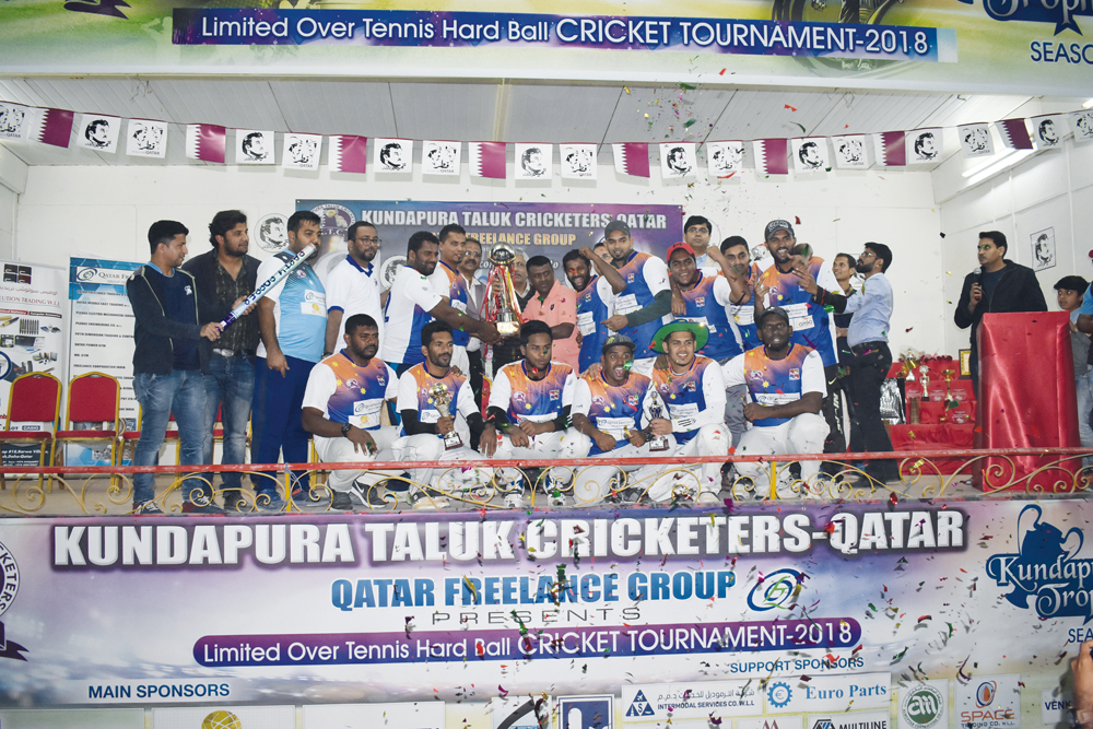 Galhinna Cricket Club the winners of the second edition of Kundapura Trophy celebrate their win.
